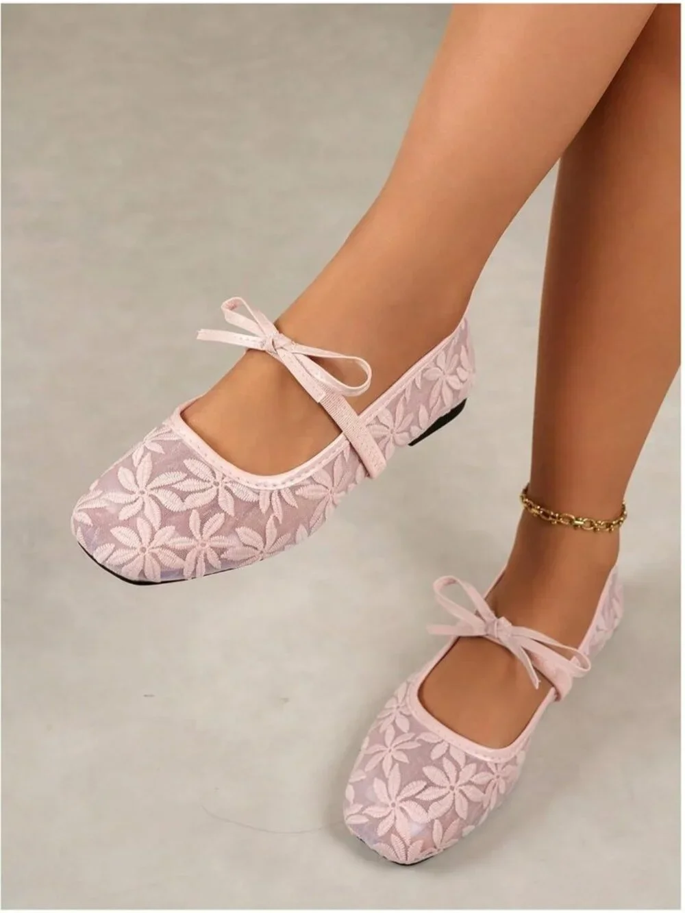Women's Pastel Pink Mesh Ballet Flats Lace Bow Square Toe Wedding Dressy Shoes